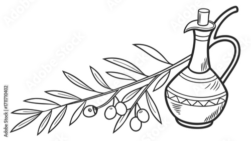Elegant olive oil jar with olive branch illustration for Mediterranean cuisine themes and healthy lifestyle designs