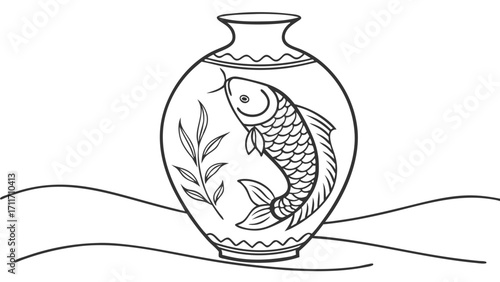Elegant vase with a captivating koi fish design and delicate plants, evoking tranquility and artistic beauty in black and white