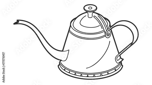 Elegant outline illustration of a gooseneck kettle with a curved spout and decorative handle for brewing coffee or tea