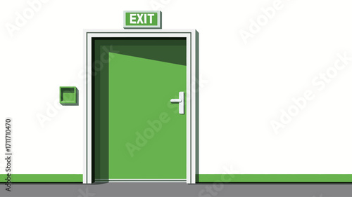The image shows a digitally rendered illustration of a green exit door slightly ajar.  The door is set within a white wall and features a standard door handle and an "EXIT" sign above it.