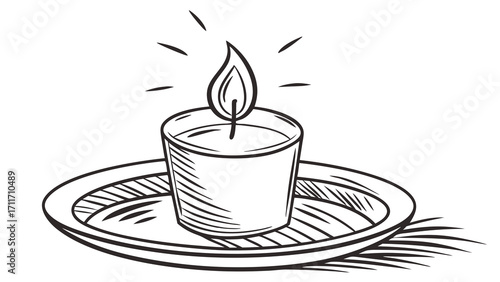 Hand drawn illustration of a candle with a flickering flame in a glass holder sitting on a plate