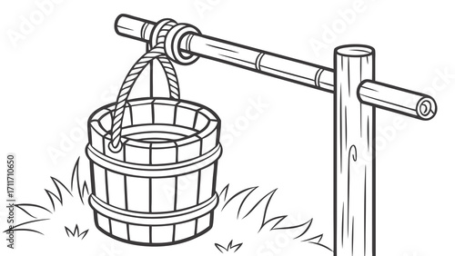 Illustration of a traditional wooden well with a bucket and rope, set against a simplistic grass background