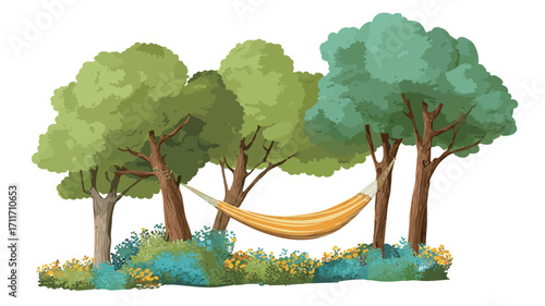 A digital illustration depicting a yellow hammock strung between four stylized trees. The trees have green and slightly textured leaves.  The ground features simple, stylized grass and small blue