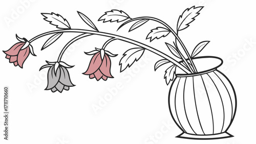 Illustration of elegant drooping bellflowers in a simple striped vase, a floral vector graphic design with muted colors