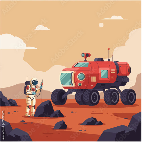 Astronaut in a spacesuit standing next to a red planetary rover vehicle.