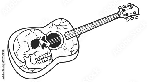 Line art illustration of a guitar with a skull design embedded in its body and cracks running through the surface
