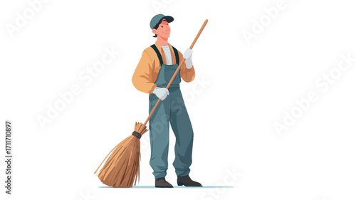 A digital illustration depicts a full-body view of a male street cleaner. He is light-skinned and wears a teal cap, a yellow long-sleeved shirt, teal overalls, and white gloves.