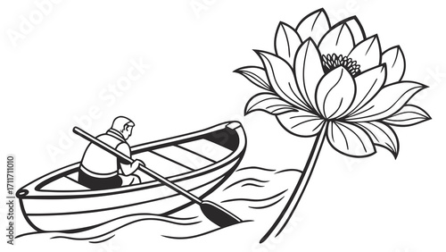Man rowing boat towards lotus flower on water surface in line art illustration for peaceful journey