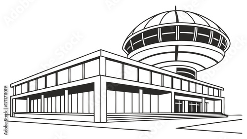 Line art illustration of a modern building with a distinctive dome, showcasing architectural design and structural elements in black and white
