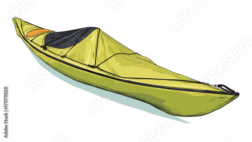 An illustration of a yellow single-person kayak with a dark gray or black cover partially covering the cockpit area. The kayak is depicted from a three-quarter perspective angle against a white