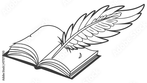 Open book with feather quill pen illustration for writing stories and creative inspiration concept