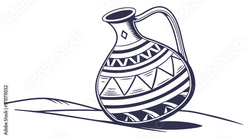 Ornate earthenware jug vector illustration displaying traditional patterned design and distinctive handle, resting on a stylized surface
