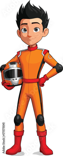 Cartoon race car driver, young boy in racing suit, holding helmet, motorsport character illustration, red boots and gloves, kids racer vector, isolated background