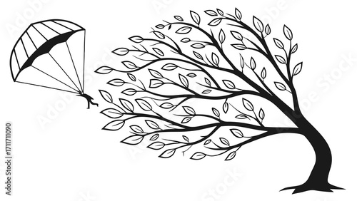 Parachutist descends towards a tree bent by wind, creating a dynamic contrast and showcasing nature's power