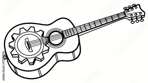 Steampunk acoustic guitar illustration with gear design and detailed fretboard showcasing musical creativity in vector format