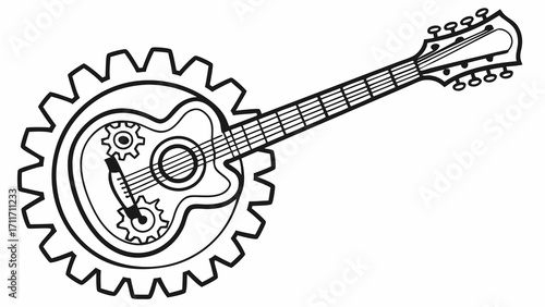 Steampunk guitar illustration featuring gears and intricate mechanical details for music and engineering concepts