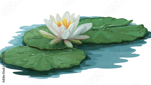 A digital illustration depicting a single white water lily with a yellow center resting atop two large, green lily pads. The lily pads show water droplets or texture on their surface.