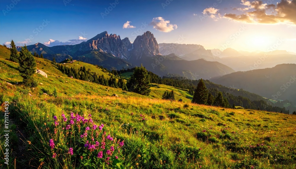 Fototapeta premium Scenic Mountain Meadow with Purple Wildflowers and Jagged Peaks at Sunrise in Dolomite Italy Breathtaking Vista Golden Sunlight Lush Green Grassland
