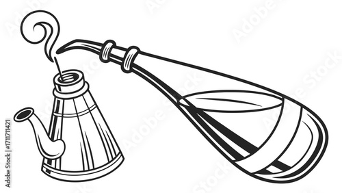 Vector illustration of a bottle pouring liquid into a smoking hookah with intricate line work and bold outlines for graphic design