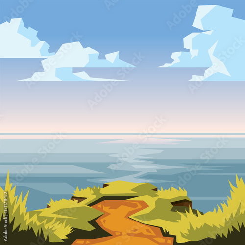 Scenic cliff view overlooking the ocean with clouds and vegetation - geometric low-poly landscape vector illustration in blue and yellow colors