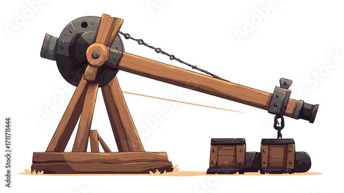 Digital illustration of a trebuchet, a medieval siege weapon.  The image shows a detailed rendering of a wooden trebuchet with a counterweight system, ropes, and a sling. The style is cartoonish or