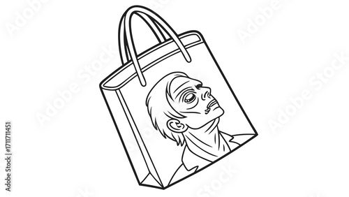 Vector illustration of a shopping bag with a zombie graphic looking upwards in black and white line art