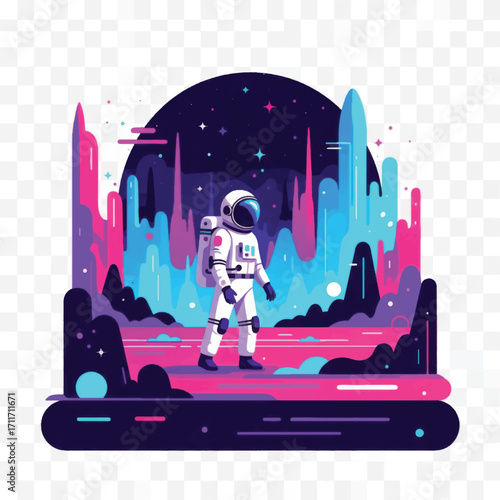 Astronaut standing in a futuristic space environment.