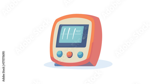 A digital illustration of a retro-styled blood pressure monitor. The device is orange with a light blue screen displaying a heartbeat waveform and "HP" (likely indicating Heart Pressure). 