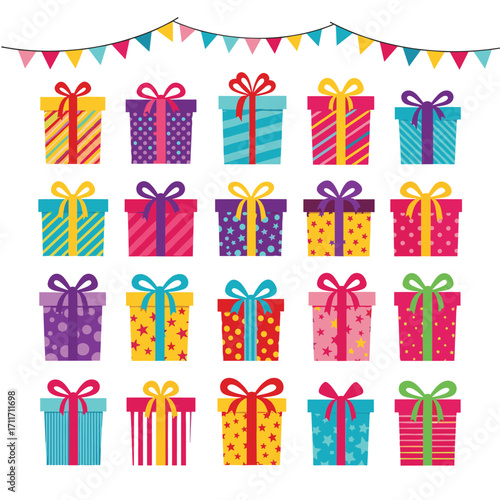 A delightful collection of colorful wrapped gifts arranged in rows perfect for celebrations and special occasions.