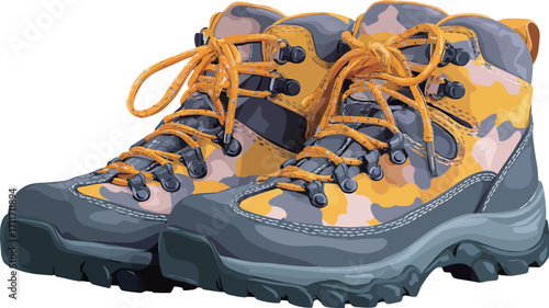 Close-up studio shot of a pair of hiking boots. The boots are predominantly yellow and gray with a camouflage pattern. They are mid-calf height with laces and a rugged sole. The image is well-lit