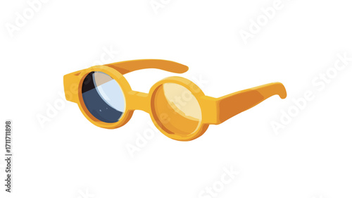 A close-up studio shot of a pair of yellow plastic 3D glasses with round frames against a white background. The glasses have a distinct circular shape, with one lens appearing slightly darker than