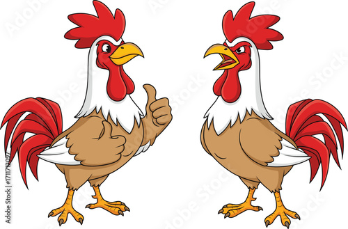 Cartoon roosters with different expressions, farm chicken characters, funny poultry illustration, animated birds, expressive animal poses, colorful feathered friends