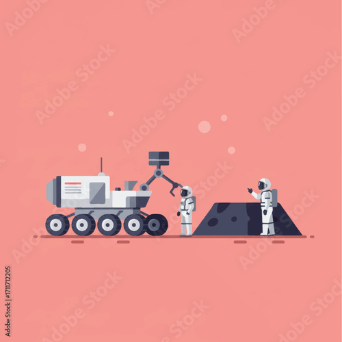Astronauts using rover to collect Martian samples.