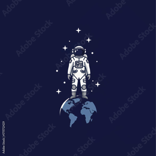 Cartoon astronaut in a white spacesuit standing on planet Earth.