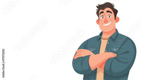 The image is a digital illustration of a cartoon-style man. He has short brown hair, a broad smile, and is depicted from the chest up. His arms are crossed, and he is wearing a teal denim jacket