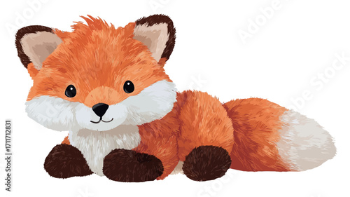 Close-up shot of a plush fox toy lying down. The toy is predominantly orange with brown accents on its paws and ears.  The fur appears soft and fluffy. The fox has a simple, cartoonish face with