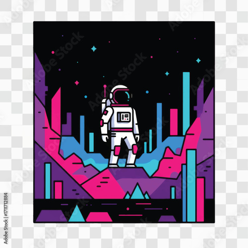 Astronaut standing on a colorful planet with a starry night sky.