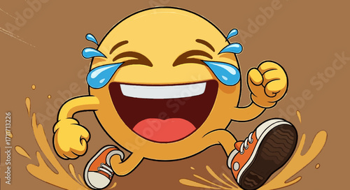 Cartoon emoji face laughing and running in a puddle