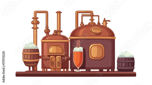 A stylized illustration depicting a simplified craft beer brewing setup. The illustration features copper-colored tanks connected by pipes, suggesting a brewing process.  Two wooden barrels are