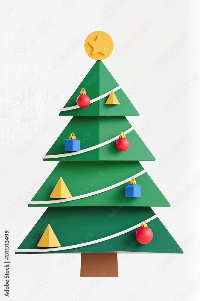 Fototapeta premium A Flat design Christmas tree with geometric ornaments, trendy vector, white background