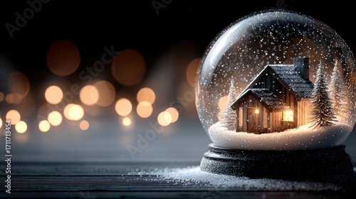Snow globe with cozy wooden cabin