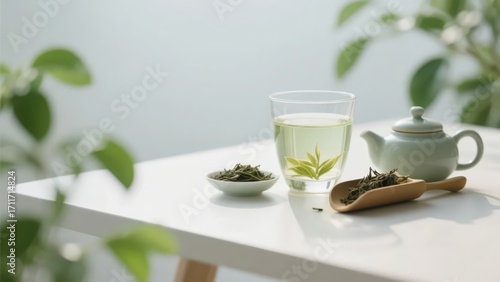 A set of fresh and elegant green tea - related utensils and tea soup show the purity and leisurely charm of green tea.
