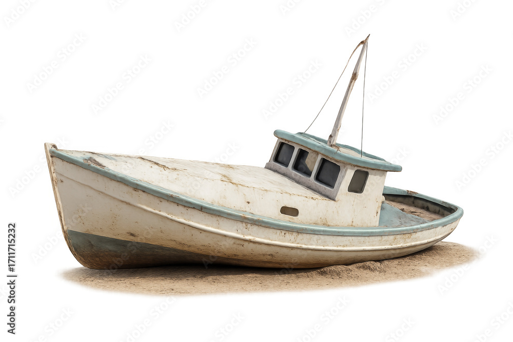 Naklejka premium Old fishing boat beached on sand with transparent background