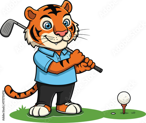 Cartoon tiger playing golf, cute animal golfer, tiger with golf club, sports mascot illustration, fun golf character, tiger in polo shirt, vector sports cartoon
