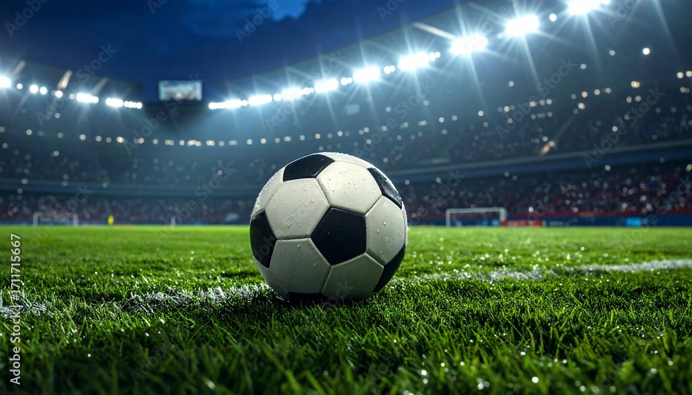 Obraz premium Soccer Ball on Stadium Pitch, Night Game Under Lights