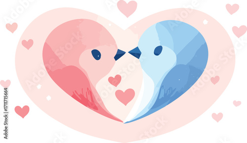 Two adorable watercolor birds in pink and blue form a heart shape with small hearts around them