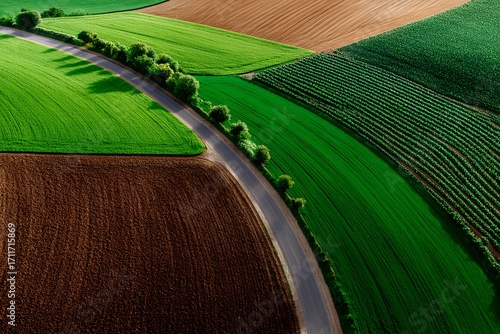 Aerial view of lush green agricultural fields and winding road