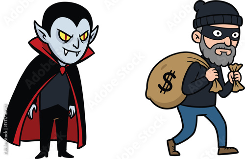 Cartoon vampire character with fangs and cape, spooky Halloween monster, and masked thief carrying money bags, cartoon crime and horror illustration for kids