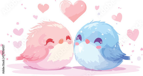Adorable cute cartoon birds in pink and blue with hearts celebrating love and friendship on a white background