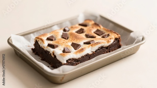 A marshmallow brownie, decorated with chocolate chunks on the surface, is placed in a metal pan lined with baking paper and looks delicious and tempting.